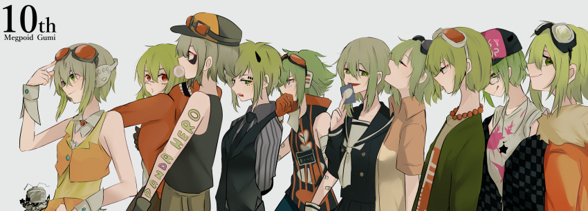 6+girls absurdres amulet anniversary arm_tattoo bare_shoulders chewing_gum commentary echo_(vocaloid) from_side gloves goggles goggles_on_head gomiyama green_hair gumi hat headphones high_collar highres hood hoodie jewelry looking_at_viewer matryoshka_(vocaloid) multiple_girls multiple_persona necklace orange_shirt orange_skirt panda_hero_(vocaloid) popped_collar red_gloves shirt short_hair_with_long_locks sidelocks skirt smile song_request songover striped_clothes striped_shirt tattoo vest vocaloid wrist_cuffs