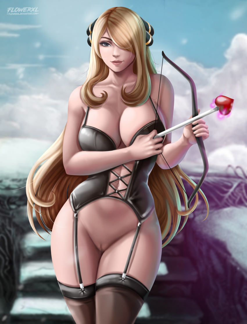 1girl absurdres alternate_breast_size alternate_costume arrow_(projectile) blonde_hair blue_eyes breasts cleavage cupid&#039;s_arrow cynthia_(pokemon) deviantart female_focus flowerxl game_console hair_over_one_eye half-closed_eyes heart heart_arrow highres large_breasts looking_at_viewer nintendo nintendo_64 no_panties pokemon pokemon_dppt pussy thick_thighs thighhighs thighs underwear upper_body watermark web_address wide_hips