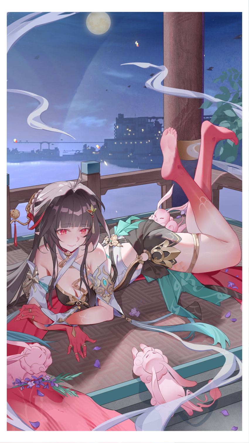 1girl absurdres ahoge animal architecture armpit_crease bare_legs bare_shoulders barefoot black_dress breasts brown_hair chinese_clothes chinese_commentary cleavage closed_mouth colored_extremities comet-c commentary_request dress east_asian_architecture feet hair_ornament highres honkai:_star_rail honkai_(series) large_breasts lingsha_(honkai:_star_rail) looking_at_animal lying night night_sky on_stomach partial_commentary purple_petals red_eyes red_hands sky smile soles solo the_pose toes