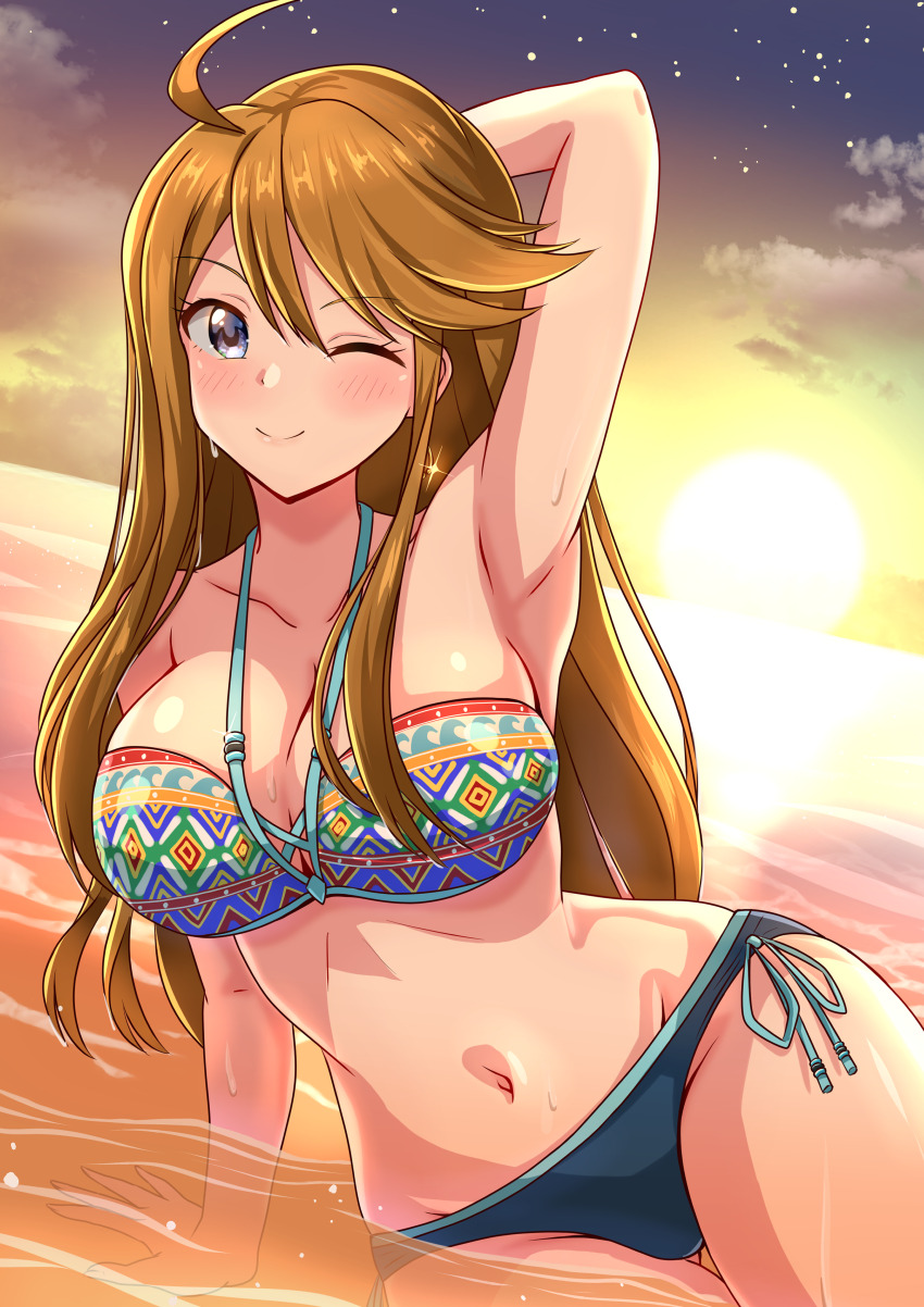 1girl absurdres ahoge arm_behind_head arm_support arm_up bikini blue_bikini blue_eyes blush breasts brown_hair cleavage cloud collarbone earrings highres idolmaster idolmaster_million_live! idolmaster_million_live!_theater_days jewelry large_breasts long_hair looking_at_viewer lying mimiu_p navel ocean one_eye_closed orange_sky partially_submerged print_bikini side-tie_bikini_bottom sky star_(sky) starry_sky sun sunset swimsuit tokoro_megumi water wet wink