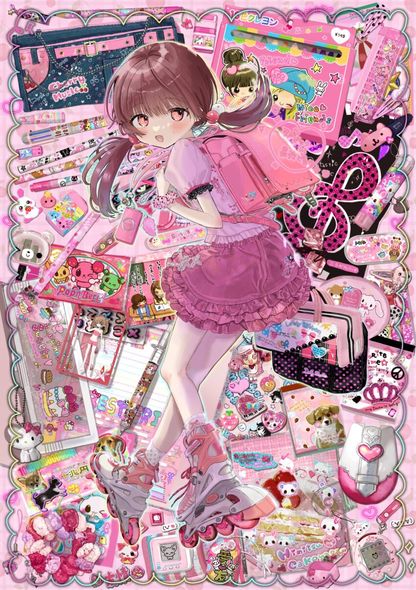1girl animal_charm backpack bag bag_charm beads berrie_(mezzo_piano) blush book bow brown_hair cellphone_charm character_charm charm_(object) charmmy_kitty cherry computer_mouse cowlick crayon cube_hair_ornament denim denim_skirt eraser fang food frilled_skirt frills from_behind from_side fruit full_body hair_ornament hairclip handbag heart heisei heisei_retro highres holding_strap jojifuku kurousa lipgloss low_twintails mezzo_piano musical_note notepad open_mouth original pantyhose pen pencil pencil_case pencil_sharpener pink_background pink_bag pink_eyes pink_scrunchie pink_shirt pink_skirt pink_theme q-lia randoseru roller_skates sanrio scrunchie shinanashina shirousa_(sugarbunnies) shirt short_sleeves skates skin_fang skirt solo star_(symbol) sticker strawberry sugarbunnies sweatdrop tamagotchi_(virtual_pet) too_many twintails white_pantyhose wrist_scrunchie yen_sign