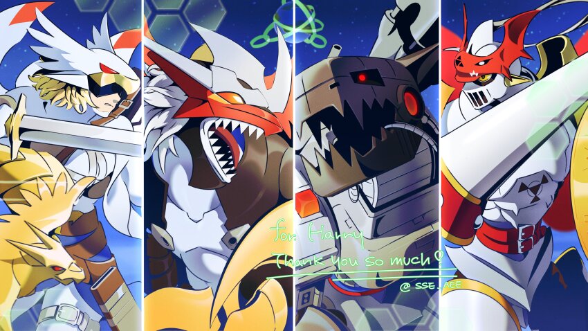 absurdres bird digimon digimon_(creature) digital_hazard dukemon highres imperialdramon imperialdramon_dragon_mode lance mask mugendramon open_mouth polearm red_eyes shield valkyrimon weapon