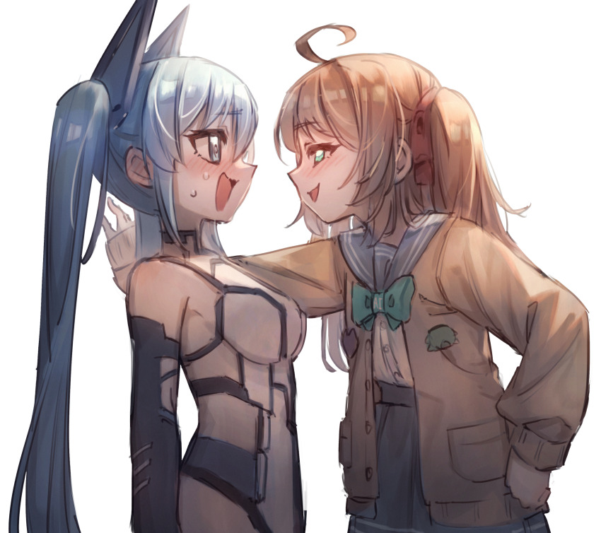 2girls absurdres ahoge assertive_female blue_eyes blue_hair blush bow breasts brown_hair cardigan chinese_commentary commentary cowboy_shot english_commentary flat_chest flustered green_bow green_eyes hair_ornament highres indie_virtual_youtuber kabedon live2d_inc. long_sleeves medium_breasts mixed-language_commentary miyune_bun momose_hiyori multiple_girls neuro-sama open_mouth pleated_skirt rune_(dualhart) school_uniform serafuku sidelocks skirt sweat twintails upper_body virtual_youtuber yuri
