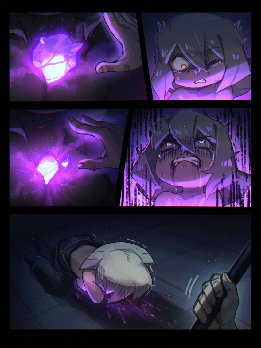 1boy 1girl ^^^ absurdres blood blood_from_mouth clenched_teeth crystal fahrinos_(porforever) flail_witch_(porforever) grey_hair highres magic one_eye_closed original pain porforever sweatdrop tearing_up tears teeth twitching yellow_eyes