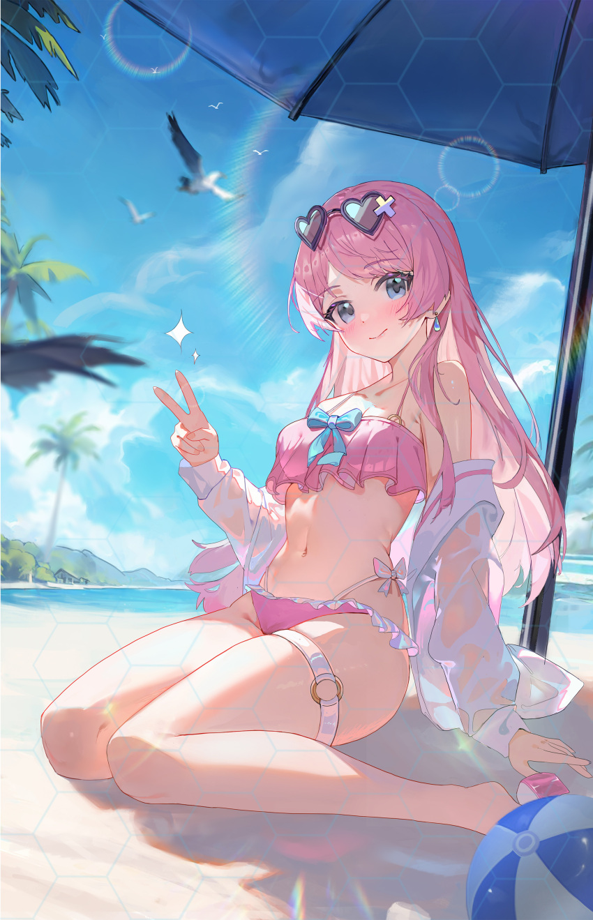 1girl absurdres bang_dream! bang_dream!_it&#039;s_mygo!!!!! beach bikini blue_bow blush bow breasts chihaya_anon cleavage closed_mouth commentary day duzizai eyewear_on_head grey_eyes heart heart-shaped_eyewear highres jacket looking_at_viewer medium_breasts o-ring off_shoulder outdoors parasol pink_bikini pink_hair sitting solo swimsuit thigh_strap umbrella white_jacket