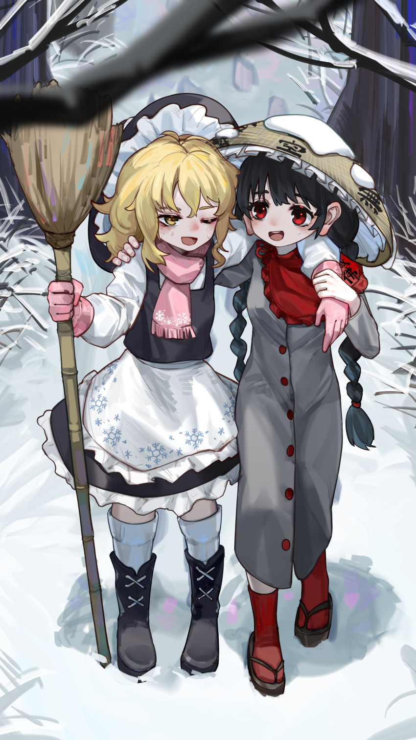 2girls absurdres apron arm_around_neck black_boots black_hair black_hat black_skirt blonde_hair boots braid broom gloves grey_robe hat highres holding holding_broom kirisame_marisa kourou_(kouroukun) low_twin_braids multiple_girls okobo one_eye_closed pink_gloves pink_scarf platform_sandals red_eyes red_socks robe sandals scarf shirt skirt smile snow socks touhou twin_braids white_apron white_shirt winter witch_hat yatadera_narumi yellow_eyes