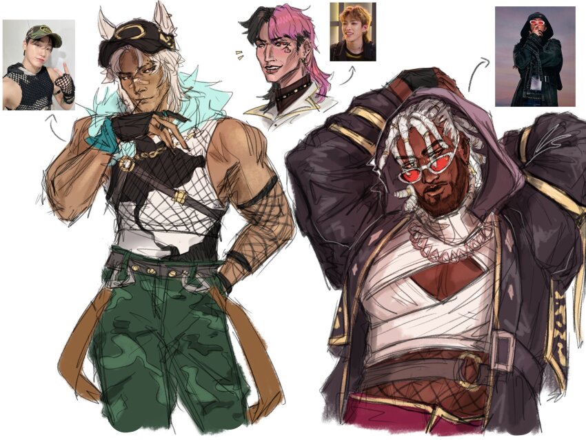 3boys alternate_costume alternate_hair_color arms_up baseball_cap camouflage camouflage_pants character_request cleavage_cutout clothing_cutout cropped_head cropped_legs cropped_shirt dark-skinned_male dark_skin fishnet_top fishnets hat highres hood hood_up k&#039;sante_(league_of_legends) league_of_legends looking_at_viewer male_focus mature_male midriff_peek multicolored_hair multiple_boys muscular muscular_male orange-tinted_eyewear pants pectoral_cleavage pectorals pink_hair reference_inset sett_(league_of_legends) shikispace short_hair sidepec sleeveless split-color_hair sunglasses thick_eyebrows tinted_eyewear unfinished very_dark_skin white_hair