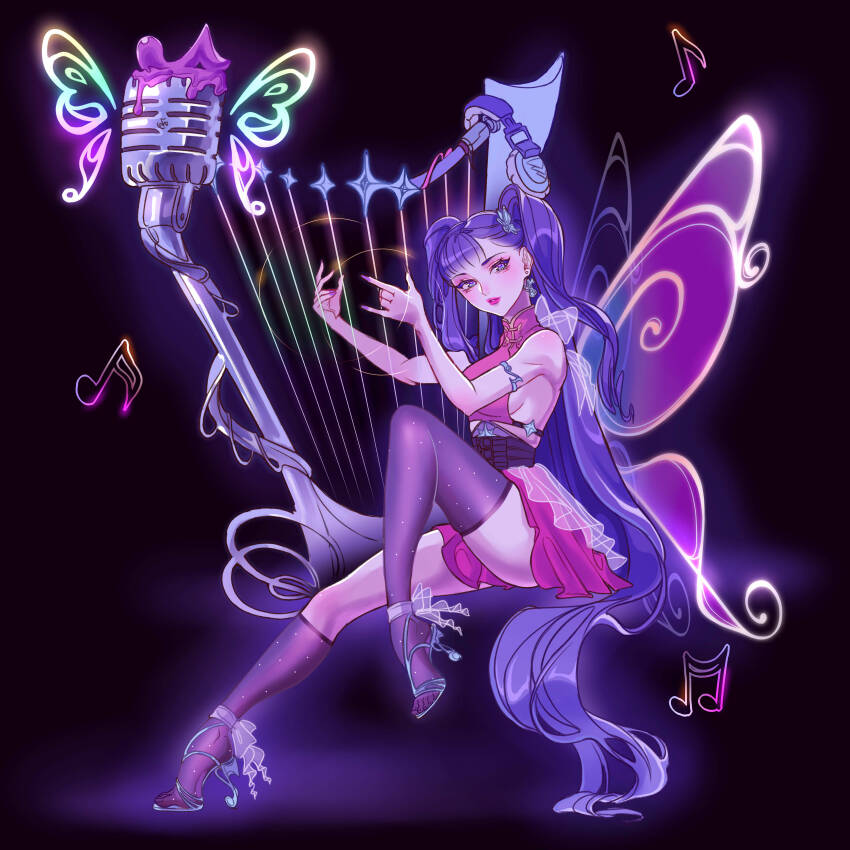 absurdres bare_shoulders blunt_bangs breasts chinese_clothes crop_top fairy fairy_wings harp highres instrument long_hair luverihu magical_girl makeup musa_(winx_club) music pink_lips playing_instrument purple_hair sideboob sitting skirt thighs very_long_hair wings winx_club