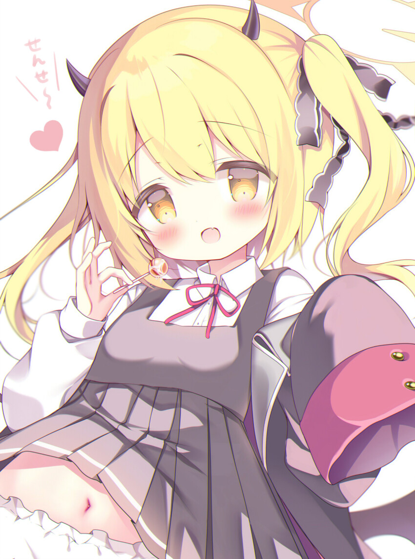 1girl :d azumi_kazuki black_dress black_jacket black_wings blonde_hair bloomers blue_archive blush candy collared_shirt commentary_request demon_girl demon_horns demon_wings dress dress_shirt fang food hair_between_eyes halo highres holding holding_candy holding_food holding_lollipop horns ibuki_(blue_archive) jacket lollipop long_hair long_sleeves looking_at_viewer navel neck_ribbon open_mouth orange_eyes pinafore_dress pleated_dress red_ribbon ribbon shirt sidelocks simple_background sleeveless sleeveless_dress sleeves_past_fingers sleeves_past_wrists smile solo translation_request twintails underwear unfinished white_background white_bloomers white_shirt wings