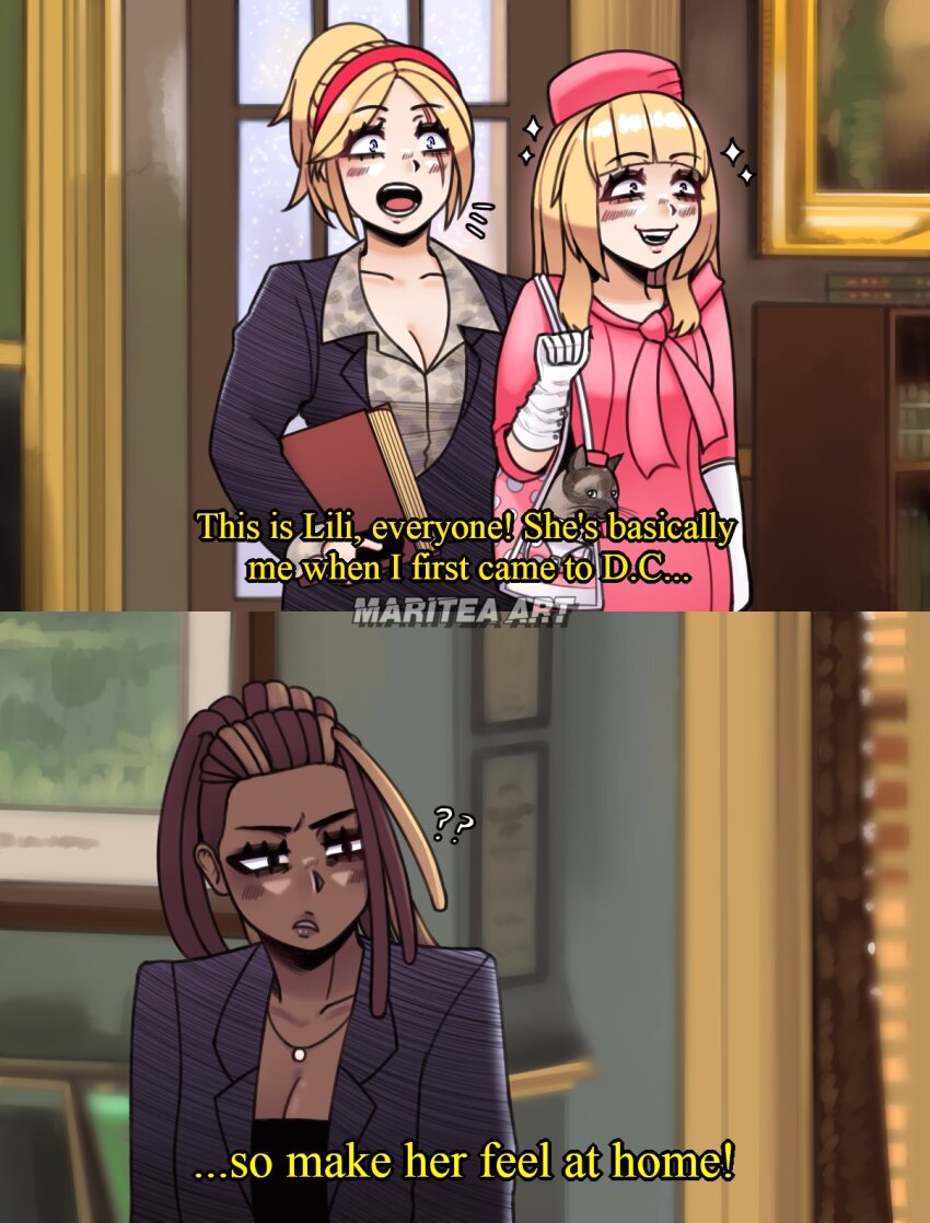 3girls blonde_hair blue_eyes book breasts brown_hair cleavage dark-skinned_female dark_skin dreadlocks emilie_de_rochefort english_text highres legally_blonde lidia_sobieska lips long_hair long_sleeves maritea master_raven multiple_girls ponytail teeth tekken