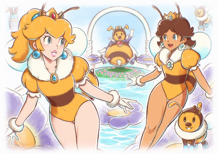 3girls :d antennae arthropod_girl artist_name bee_girl bee_wings blonde_hair blue_eyes blue_gemstone blush border brooch brown_hair bucket cape commentary covered_navel crown earrings english_commentary eyelashes flower flower_brooch flower_earrings fur-trimmed_gloves fur_collar fur_trim gem gloves hair_between_eyes high_ponytail highres holding holding_bucket honey_queen_(mario) honeybee_(mario) insect_girl insect_wings jewelry leotard lips long_hair looking_at_another mario_(series) medium_hair mini_crown multiple_girls nintendo open_mouth parted_lips ponytail princess_daisy princess_peach puffy_short_sleeves puffy_sleeves purple_cape purple_flower red_gemstone saiwoproject short_sleeves sidelocks smile sphere_earrings stinger super_mario_galaxy super_mario_land tan teeth thigh_gap upper_teeth_only water white_border white_gloves wings yellow_leotard