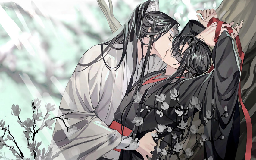 2boys against_tree arms_up bishounen black_coat black_hair black_hanfu blindfold blurry blurry_background bound bound_wrists branch chinese_clothes closed_eyes closed_mouth coat flower french_kiss gearous hair_down hair_ribbon half_updo hanfu headband high_ponytail highres holding_another&#039;s_wrist hug kiss lan_wangji long_hair long_sleeves lying male_focus modao_zushi multiple_boys official_alternate_costume official_alternate_hairstyle official_art on_back open_clothes open_coat outdoors ponytail red_ribbon red_sash ribbon robe sash sidelocks sunlight third-party_source tree upper_body wei_wuxian wei_wuxian_(yiling_laozu) white_flower white_hanfu white_headband wide_sleeves xiao_guan_(headdress) yaoi
