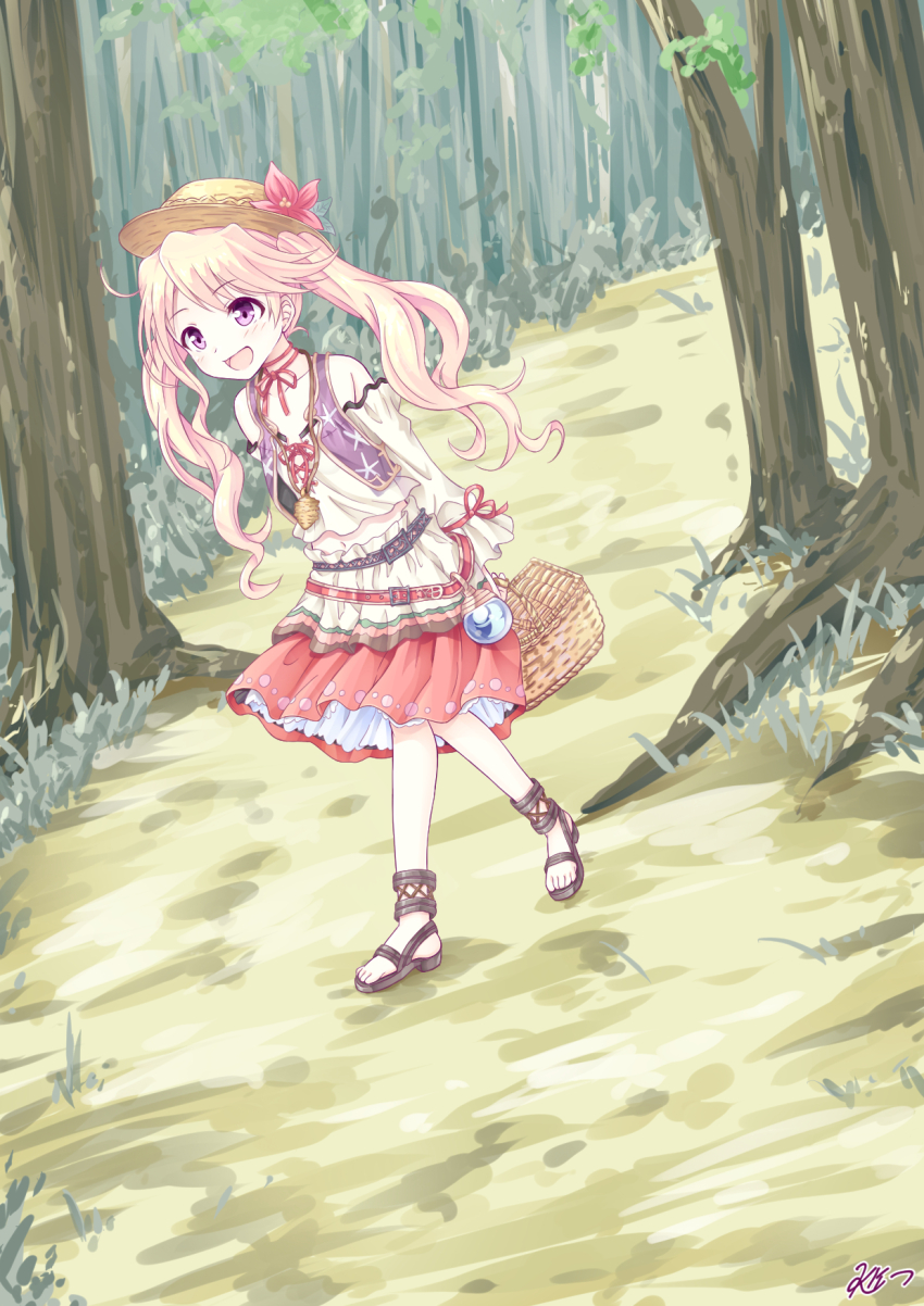 1girl ahoge bag bare_shoulders belt blonde_hair bottle breasts forest hat highres iris_mysteria! k_(nura-rikuo) ladis_(iris_mysteria!) nature navel neck_ribbon purple_eyes red_ribbon red_skirt ribbon skirt small_breasts straw_hat tree twintails