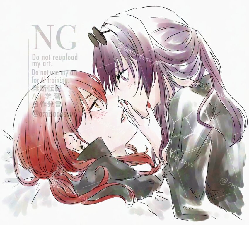 2girls black_jacket blush commentary_request eyewear_on_head hand_on_another&#039;s_face himeko_(honkai:_star_rail) honkai:_star_rail honkai_(series) jacket kafka_(honkai:_star_rail) long_hair multiple_girls omisodesuyo parted_lips purple_eyes purple_hair red_hair red_nails rejected_kiss sunglasses sweatdrop watermark yellow_eyes yuri
