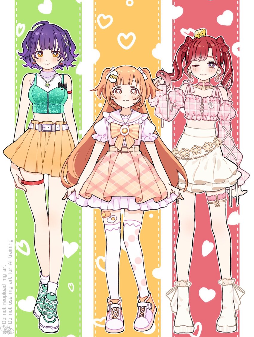 3girls ahoge aqua_shirt aqua_shoes bandaid bandaid_on_leg belt belt_buckle black_bow blush boots bow bow-shaped_hair bowtie brooch buckle cherry_earrings choker closed_mouth collarbone collared_shirt commentary crop_top cross-laced_clothes cross-laced_sleeves detached_sleeves earrings egg_hair_ornament eyelashes flower flower_earrings flower_necklace food-themed_earrings food-themed_hair_ornament food_themed_earrings frilled_boots frilled_shirt frilled_shirt_collar frilled_skirt frilled_sleeves frills gem green_background hair_ornament hair_ribbon hand_up heart high-waist_skirt highres jewelry kirara_tamako kirara_tamako_(2nd_costume) long_hair long_sleeves looking_at_viewer multicolored_hair multicolored_shoes multiple_girls nanase_suzuna nanase_suzuna_(2nd_costume) necklace nijisanji one_eye_closed orange_background orange_bow orange_bowtie orange_eyes orange_hair orange_shoes parted_bangs pink_choker pink_shirt pink_shoes pink_skirt pink_sleeves plaid_clothes plaid_shirt plaid_skirt plaid_sleeves pleated_skirt polka_dot_thighhighs puffy_detached_sleeves puffy_long_sleeves puffy_short_sleeves puffy_sleeves purple_eyes purple_hair red_background red_hair ribbon saotome_berry saotome_berry_(2nd_costume) shirt shoes short_hair short_sleeves sidelocks signature skirt sleeveless sleeveless_shirt smile socks sorahoshi_ichino spaghetti_strap split_mouth standing streaked_hair striped_bow striped_bowtie striped_clothes symbol-only_commentary thigh_strap thighhighs turtleneck twintails two-tone_shoes two_side_up very_long_hair virtual_youtuber watermark wavy_hair white_background white_belt white_boots white_hair white_ribbon white_shirt white_shoes white_skirt white_socks white_thighhighs x_hair_ornament yellow_gemstone yellow_skirt