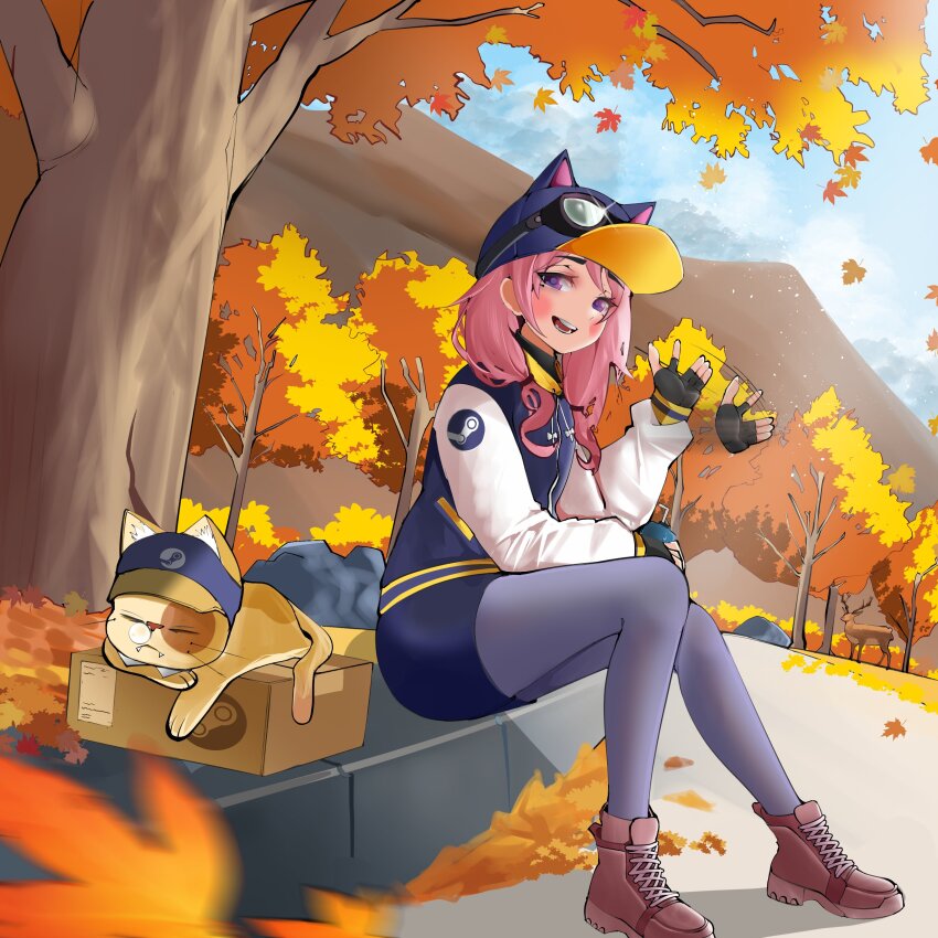 1girl absurdres animal artist_request autumn_leaves blush box cat fingerless_gloves full_body gloves hat highres jacket leaf open_mouth pink_hair shoes sitting skirt smile steam_(platform) steam_delivery_girl teeth tree