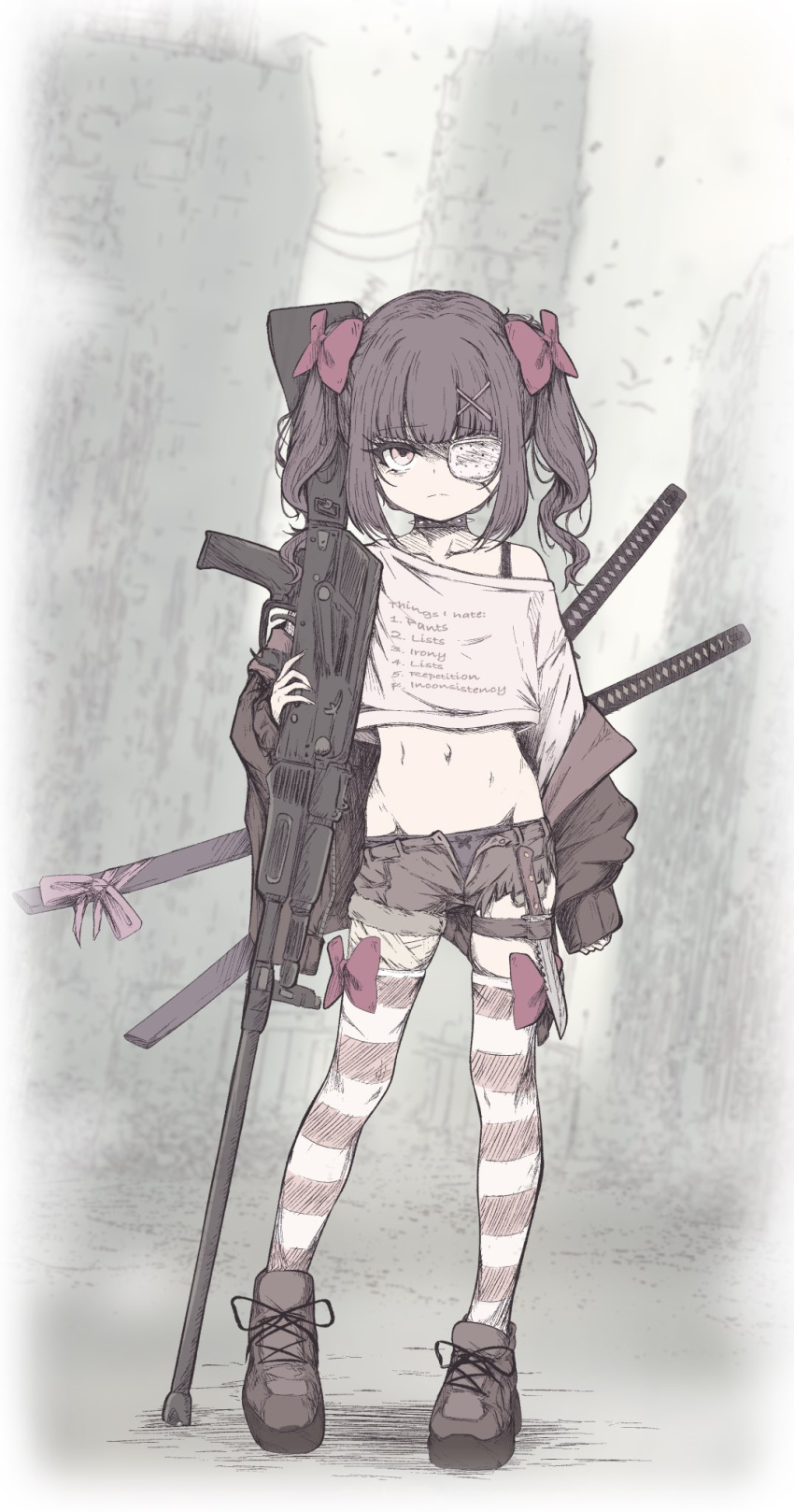 1girl arm_at_side assault_rifle black_hair black_panties blunt_bangs bow bow_legwear bow_panties brown_cardigan brown_shoes brown_shorts cardigan closed_mouth collarbone commentary_request crop_top cropped_shirt dot_nose expressionless eyepatch fallenshadow full_body gun hair_bow hair_ornament hand_up highres holding holding_gun holding_weapon indie_virtual_youtuber katana knife long_sleeves medical_eyepatch medium_hair midriff muted_color navel off-shoulder_shirt off_shoulder one_eye_covered open_clothes open_fly open_shorts panties petite pettan_(zeez4743) red_bow rifle sheath sheathed shirt shoes short_shorts shorts sleeves_past_wrists solo split_mouth standing striped_clothes striped_thighhighs sword thigh_strap thighhighs twintails underwear variant_set virtual_youtuber weapon white_shirt x_hair_ornament