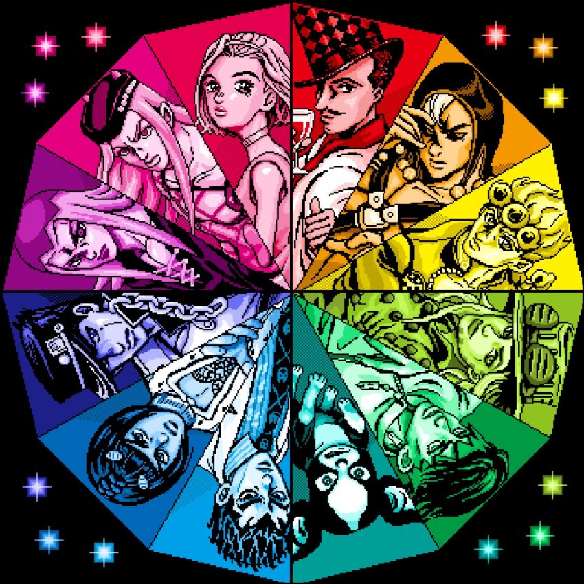 1girl 6+boys black_background bruno_bucciarati chain choker closed_mouth collared_shirt cross-laced_clothes dog eyewear_on_head facial_hair giorno_giovanna gyro_zeppeli hat highres hood iggy_(jojo) jewelry jojo_no_kimyou_na_bouken kawajiri_kosaku kishibe_rohan kuujou_joutarou leone_abbacchio long_hair looking_at_viewer looparu medium_hair multiple_boys muscular muscular_male mustache narciso_anasui necktie pectoral_cleavage pectorals pendant pixel_art rainbow_order risotto_nero shirt short_hair sugimoto_reimi top_hat upper_body vest will_anthonio_zeppeli