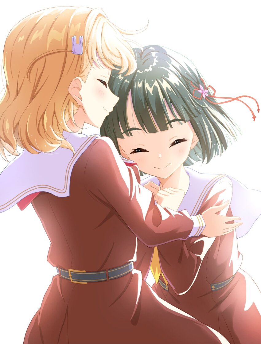 2girls blunt_bangs blunt_ends brown_dress clenched_hands closed_eyes closed_mouth commentary_request crossed_bangs dress flower flower_knot green_hair hair_flower hair_ornament hasu_no_sora_school_uniform highres hinoshita_kaho imminent_hug link!_like!_love_live! long_sleeves love_live! medium_hair momose_ginko multiple_girls neckerchief orange_hair own_hands_together pleated_dress qy73 rabbit_hair_ornament red_neckerchief sailor_collar sailor_dress school_uniform short_hair sideways_mouth simple_background smile split_mouth two_side_up virtual_youtuber white_background white_sailor_collar winter_uniform yellow_neckerchief