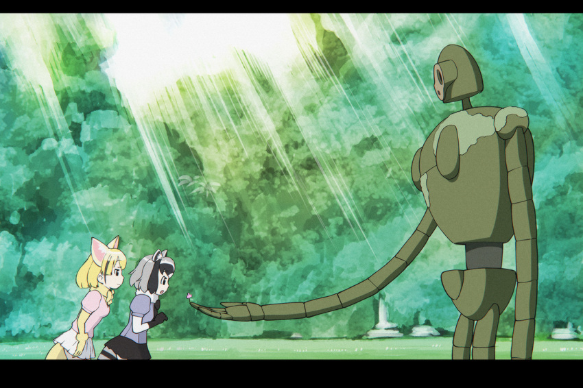 10s 2girls :3 animal_ears black_eyes black_hair black_skirt blonde_hair blue_shirt chromatic_aberration commentary_request common_raccoon_(kemono_friends) crossover day fennec_(kemono_friends) flower fox_ears fox_tail from_side grey_hair kemono_friends laputa_robot leaning_forward letterboxed multicolored_hair multiple_girls open_mouth outdoors pink_sweater pleated_skirt profile puffy_short_sleeves puffy_sleeves raccoon_ears raccoon_tail shirt short_sleeves skirt standing striped_tail sunlight sweater tail tenkuu_no_shiro_laputa ueyama_michirou white_hair white_skirt