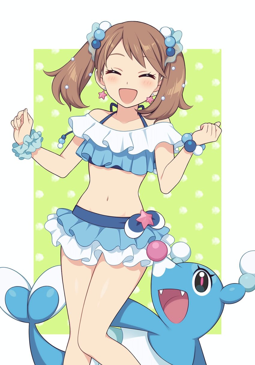 1girl alternate_costume bikini blue_scrunchie brionne brionne_(cosplay) brown_hair clenched_hands closed_eyes cosplay earrings frilled_bikini frills gen_7_pokemon highres hiyori_(rindou66) jewelry may_(pokemon) midriff nintendo open_mouth pearl_hair_ornament pokemon pokemon_rse scrunchie star_(symbol) star_earrings swimsuit wrist_scrunchie