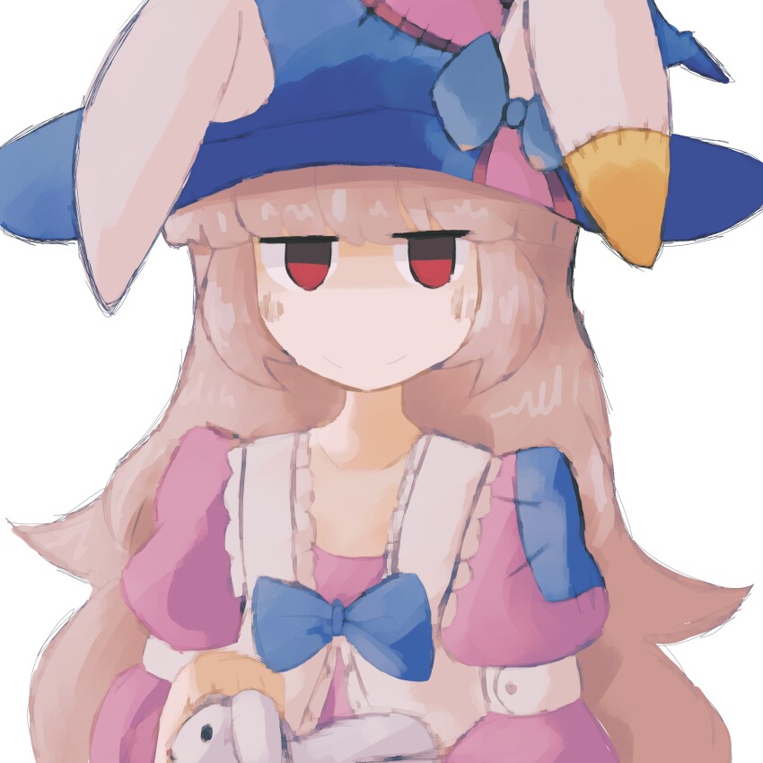1girl absurdres animal_ears bad_id bad_twitter_id blue_bow blue_bowtie blue_hat bow bowtie brown_hair closed_mouth commentary english_commentary fake_animal_ears hat highres iesonatana inactive_account irisu_kyouko irisu_shoukougun! jitome long_hair looking_at_viewer puffy_short_sleeves puffy_sleeves rabbit_ears red_eyes short_sleeves simple_background smile solo straight-on upper_body white_background