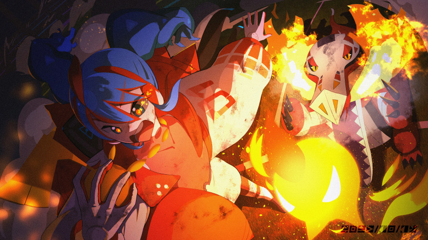 1girl absurdres blue_hair claws crocodile crocodilian fire fire_bird_(skeledirge) fire_miku_(project_voltage) gloves glowing glowing_eyes hatsune_miku headphones highres jacket jewelry long_hair multicolored_jacket music musical_note necklace nintendo open_clothes open_jacket open_mouth poke_ball_print pokemon pokemon_(creature) project_voltage puffy_sleeves sanasedayo singing skeledirge twintails two-tone_gloves two-tone_jacket very_long_hair vocaloid