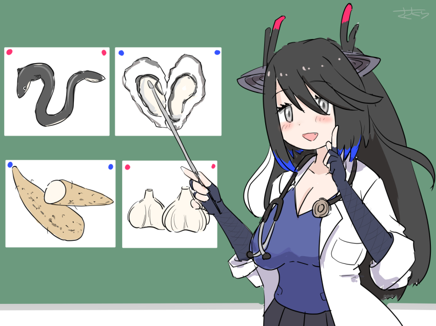 1girl animal_ears aphrodisiac black_dragon_(kemono_friends) black_hair blue_hair blush coat commentary doctor dragon_ears dragon_girl dragon_horns eel fingerless_gloves fishnet_gloves fishnets food garlic gloves grey_eyes horns kemono_friends kemono_friends_3 lab_coat long_hair looking_at_viewer multicolored_hair multicolored_horns open_clothes open_coat oyster pink_horns pointer purple_horns sasakura_(jgay7435) scale_print shirt stethoscope sweet_potato white_coat