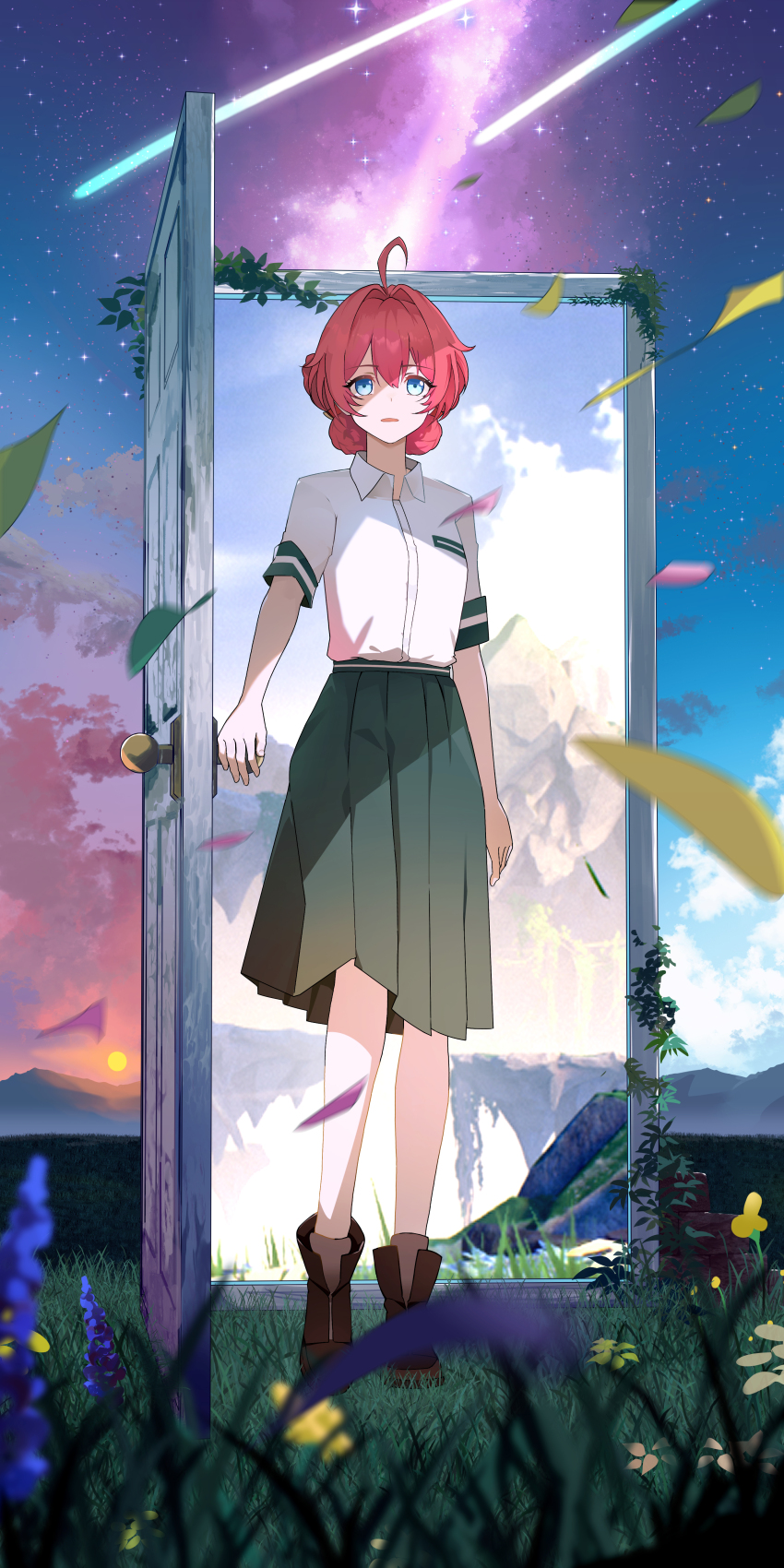 1girl absurdres ahoge alternate_costume blue_eyes boots breasts brown_boots chinese_commentary collared_shirt commentary danjin_(wuthering_waves) english_commentary full_body grass green_skirt hair_between_eyes hair_intakes highres looking_ahead medium_breasts medium_hair mixed-language_commentary open_door opening_door parted_lips portal_(object) red_hair ryeon_(naturesan) school_uniform shirt skirt sky solo standing white_shirt wuthering_waves