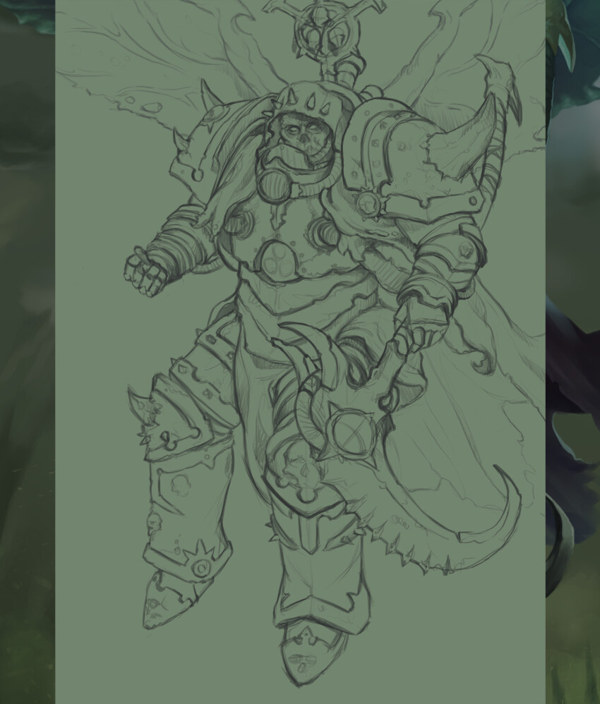 1boy armor armored_boots boots breastplate cataracts chain chaos_(warhammer) clawed_gauntlets clenched_hand colored_skin commentary couter crotch_plate cuirass death_guard demon_primarch demon_wings english_commentary flying full_body gauntlets greaves green_background grohgrog highres holding holding_scythe holding_weapon insect_wings inset leg_armor lineart making-of male_focus mask monster mortarion moth_wings no_nose nurgle pauldrons pelvic_curtain poleyn power_armor primarch rerebrace respirator scythe shoulder_armor shoulder_spikes silence_(weapon) simple_background sketch skull skull_ornament spiked_hood spiked_pauldrons spikes torn_wings warhammer_40k weapon white_eyes wings