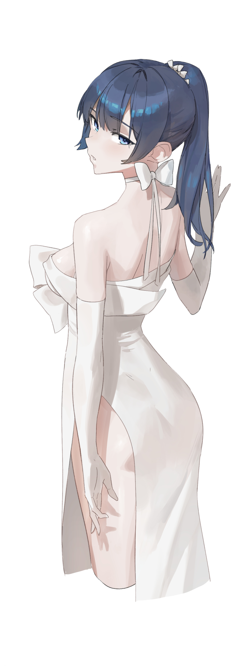 1girl 335367368 absurdres arm_at_side ass bare_shoulders black_hair blue_archive blue_eyes bow breasts choker commentary_request cowboy_shot cropped_legs dress elbow_gloves flower from_behind gloves hair_flower hair_ornament hand_up highres light_blush long_hair looking_at_viewer looking_back medium_breasts official_alternate_costume parted_lips ponytail saori_(blue_archive) saori_(dress)_(blue_archive) side_slit simple_background solo standing strapless strapless_dress white_background white_bow white_choker white_dress white_flower white_gloves