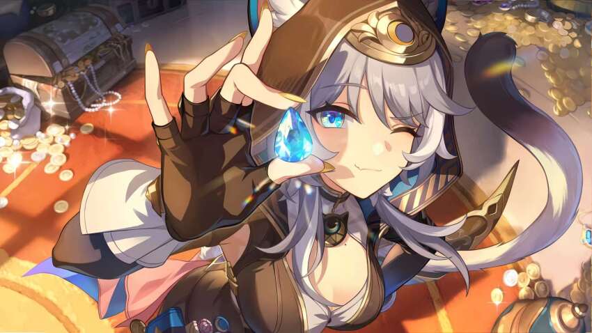 1girl animal_ear_fluff animal_ears armpit_cutout bad_link black_gloves blue_eyes breasts brown_hoodie cat_ears cat_girl cat_tail center_opening cipher_(honkai:_star_rail) cleavage cleavage_cutout clothing_cutout coin fang fingerless_gloves fingernails game_cg gem gloves grey_hair grey_shirt highres holding holding_gem honkai:_star_rail honkai_(series) hood hoodie jewelry large_breasts long_fingernails long_hair long_sleeves looking_at_viewer mole mole_on_breast nail_polish necklace official_art one_eye_closed pearl_necklace shirt skin_fang smile solo tail treasure_chest yellow_nails