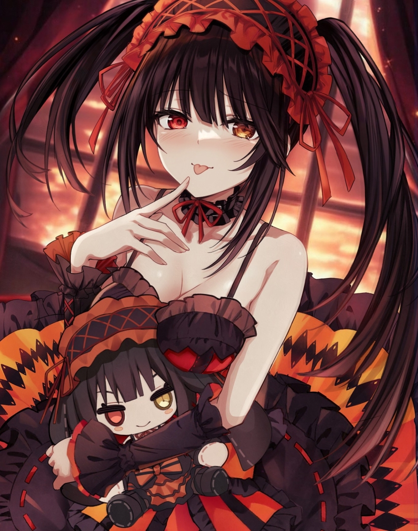 1girl black_dress black_hair breasts character_doll cleavage clock_eyes commentary_request date_a_live doll dress gothic_lolita heterochromia highres large_breasts lolita_fashion long_hair looking_at_viewer red_eyes red_headdress revision saint_laurent_paris solo symbol-shaped_pupils tokisaki_kurumi tokisaki_kurumi_(spirit) tongue tongue_out twintails uneven_twintails very_long_hair yellow_eyes