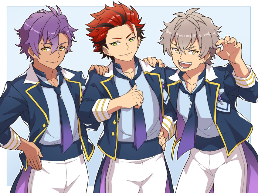 3boys aopanda black_hair blazer blue_jacket blue_sash claws closed_mouth collarbone collared_shirt crossed_bangs dark-skinned_male dark_skin ear_piercing earrings ensemble_stars! fangs gradient_necktie green_eyes grey_hair hair_between_eyes hand_on_another&#039;s_shoulder hand_on_own_hip highres idol idol_clothes jacket jewelry kiryu_kuro leaning_forward long_sleeves looking_at_viewer male_focus multicolored_hair multiple_boys necktie ogami_koga open_mouth otogari_adonis pants piercing pointing pointing_at_self purple_hair red_hair sash shirt shirt_tucked_in short_hair simple_background smile two-tone_hair waist_sash white_pants yellow_eyes