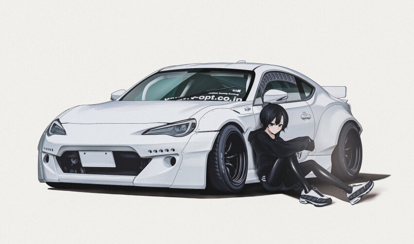 1girl absurdres black_hair black_hoodie black_pantyhose black_shorts bokuya car closed_mouth commission green_eyes highres hood hood_down hoodie leaning_against_vehicle long_sleeves looking_at_viewer motor_vehicle original pantyhose shoes short_hair shorts simple_background sitting smile sneakers solo sports_car stance_(vehicle) toyota toyota_86 toyota_gt86 vehicle_focus wheel white_background white_car white_shoes