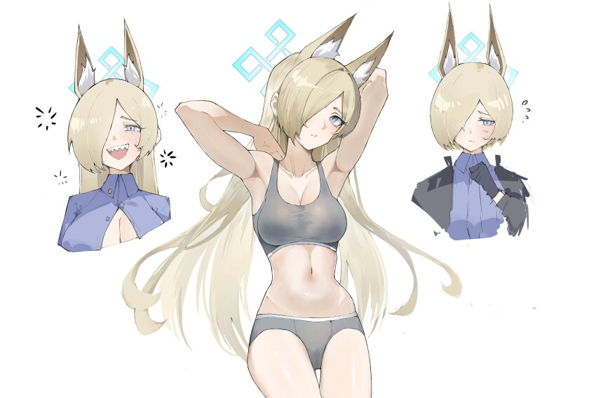 1girl absurdres animal_ear_fluff animal_ears armpits arms_behind_head black_gloves black_jacket blonde_hair blue_archive blue_eyes blue_shirt blunt_ends blush bra breasts cleavage djan dog_ears drunk embarrassed gloves grey_bra grey_panties hair_over_one_eye highres jacket kanna_(blue_archive) kanna_(young)_(blue_archive) large_breasts laughing long_hair looking_at_viewer navel open_clothes open_mouth open_shirt panties sharp_teeth shirt short_hair teeth underwear