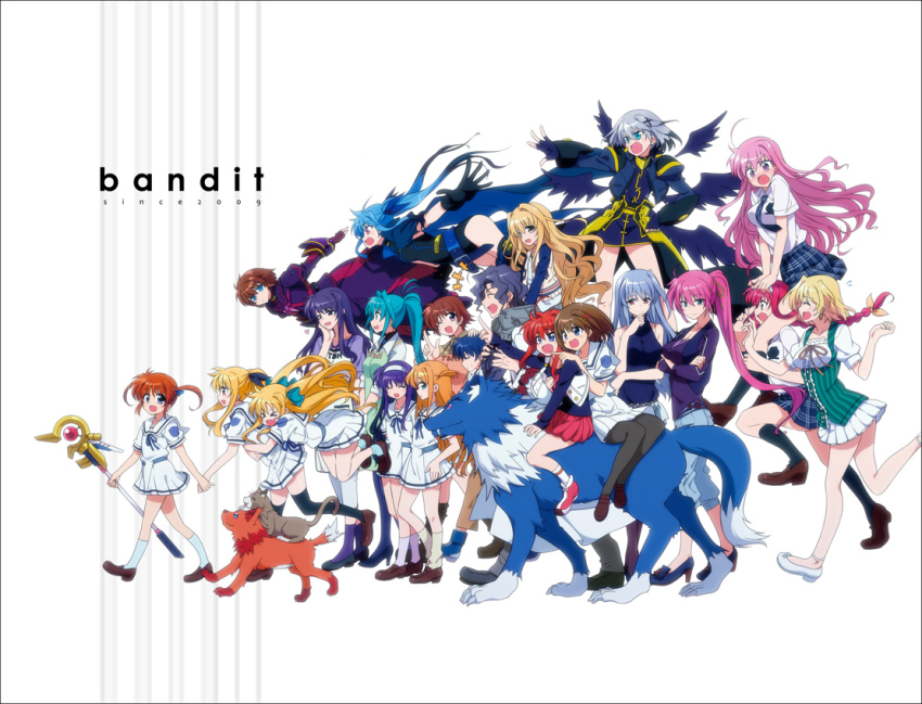 &gt;_&lt; 2boys 6+girls :d :o ahoge alicia_testarossa amitie_florian amy_limietta apron aqua_eyes aqua_hair arf arisa_bunnings belt black_legwear blonde_hair blue_eyes blue_hair blush blush_stickers bow braid breasts brown_hair cape carrying cat chrono_harlaown cleavage closed_eyes copyright_name denim dog earrings everyone fate_testarossa father_and_daughter fingerless_gloves flying glomp gloves granz_florian green_eyes hair_bow hair_ornament hair_ribbon hairband hand_on_own_cheek hand_on_own_chin hand_on_own_face hand_on_own_hip hand_on_shoulder heart high_heels hug jacket jeans jewelry kawakami_shuuichi kyrie_florian laughing leotard levi_the_slasher lindy_harlaown long_hair lord_dearche lyrical_nanoha magazine_(weapon) magical_girl mahou_shoujo_lyrical_nanoha_innocent mother_and_daughter mother_and_son multiple_boys multiple_girls necktie official_art one_eye_closed open_clothes open_jacket open_mouth orange_hair outstretched_hand pants pantyhose pink_eyes pink_hair pink_legwear plaid_clothes plaid_skirt pleated_skirt pointing ponytail presea_testarossa purple_eyes purple_hair purple_legwear raising_heart raising_heart_(accel_mode)_(2nd) red_eyes red_hair reinforce ribbon rynith school_uniform serafuku shamal shoes short_hair short_twintails shoulder_carry siblings signum silver_hair sisters skirt smile staff stern_the_destructor sweatdrop takamachi_nanoha thighhighs tsukimura_suzuka twin_braids twins twintails very_long_hair vest vita_(nanoha) waist_cape white_legwear wings wink wolf x_hair_ornament yagami_hayate yellow_legwear yuri_eberwein zafira