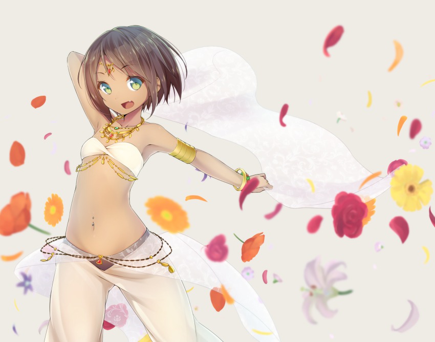 1girl arm_up armlet bracelet brown_hair circlet dark-skinned_female dark_skin fang female_focus flat_chest flower green_eyes highres jewelry lots_of_jewelry navel navel_piercing necklace ninnzinn open_mouth original outstretched_arms pants piercing shawl short_hair solo