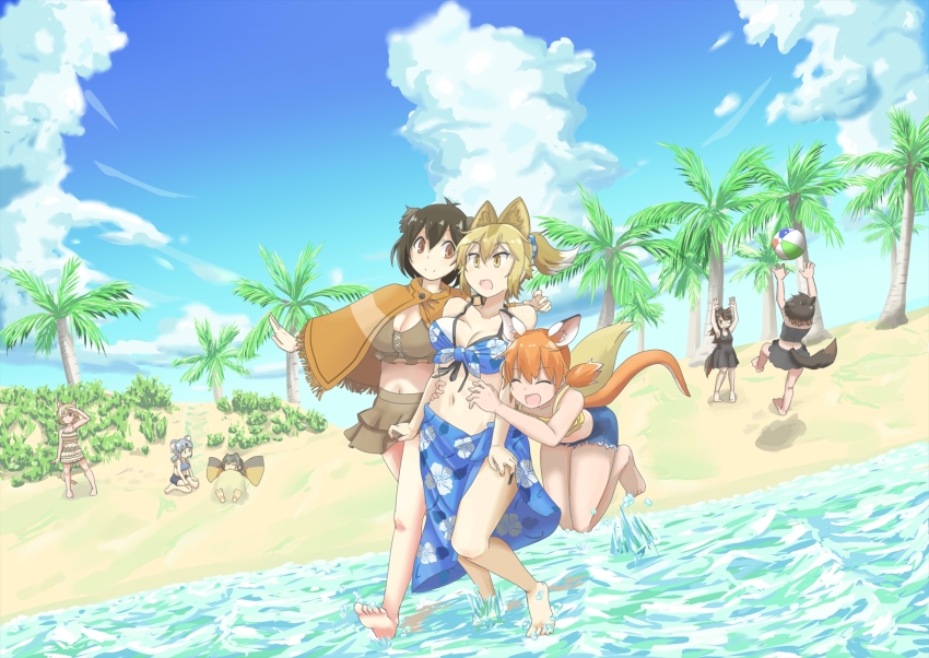6+girls ^_^ alternate_costume animal_ears australian_devil_(kemono_friends) ball bare_arms bare_legs bare_shoulders beach beachball bikini bikini_skirt black_hair blonde_hair blue_sky bouncing_breasts breasts brown_eyes brown_hair c: chinchilla_(kemono_friends) cleavage closed_eyes closed_mouth cloud commentary_request day dingo_(kemono_friends) dog_ears dog_girl dress dutch_angle emu_(kemono_friends) extra_ears eyepatch floral_print frilled_lizard_(kemono_friends) full_body hair_between_eyes halterneck hand_on_another&#039;s_waist hane_(kirschbaum) high_ponytail highres jumping kangaroo_ears kangaroo_tail kemono_friends long_hair looking_afar looking_at_another looking_up lying medical_eyepatch medium_breasts medium_hair multicolored_hair multiple_girls navel on_back one_eye_closed one_eye_covered outdoors outstretched_arm palm_tree poncho ponytail print_bikini print_skirt red_kangaroo_(kemono_friends) sand short_hair sitting skirt sky smile soles standing stomach swimsuit tail tasmanian_devil_(kemono_friends) tasmanian_devil_ears tasmanian_devil_tail thylacine_(kemono_friends) toes tree two-tone_hair unaligned_breasts wading walking wariza water white_hair yellow_eyes