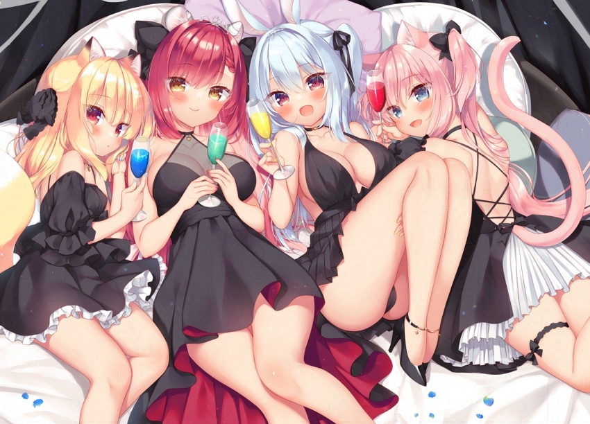 4girls :d animal_ears ass backless_dress backless_outfit bare_shoulders black_bow black_choker black_dress black_footwear black_panties black_ribbon blonde_hair blue_eyes blush boku_no_risou_no_isekai_seikatsu bow breasts brown_eyes cat_ears cat_girl cat_tail champagne_flute chise_(ichiri) choker cleavage closed_mouth commentary_request cup dress drinking_glass feet_out_of_frame fox_ears fox_girl fox_tail hair_between_eyes hair_bow hair_ribbon high_heels holding holding_cup large_breasts lying misia_(ichiri) multiple_girls natielis off-shoulder_dress off_shoulder on_back open_mouth panties pillow pink_hair pleated_dress puffy_short_sleeves puffy_sleeves rabbit_ears rabimea_(ichiri) red_eyes red_hair ribbon sazaki_ichiri shoes short_sleeves sleeveless sleeveless_dress smile tail tiara two_side_up underwear