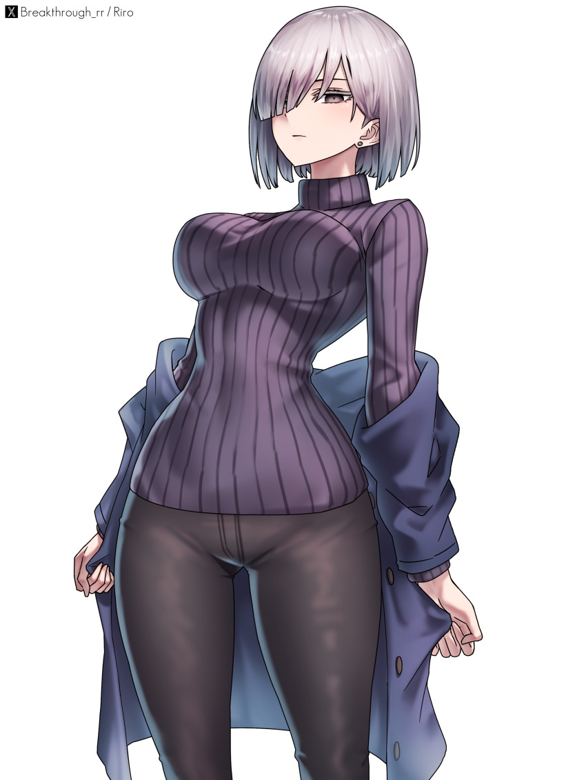 1girl absurdres black_pants blue_coat closed_mouth coat earrings expressionless fiona_frost grey_eyes grey_hair hair_over_one_eye highres jewelry pants purple_eyes purple_sweater riro_(breakthrough_rr) short_hair simple_background solo spy_x_family stud_earrings sweater turtleneck turtleneck_sweater twitter_username white_background