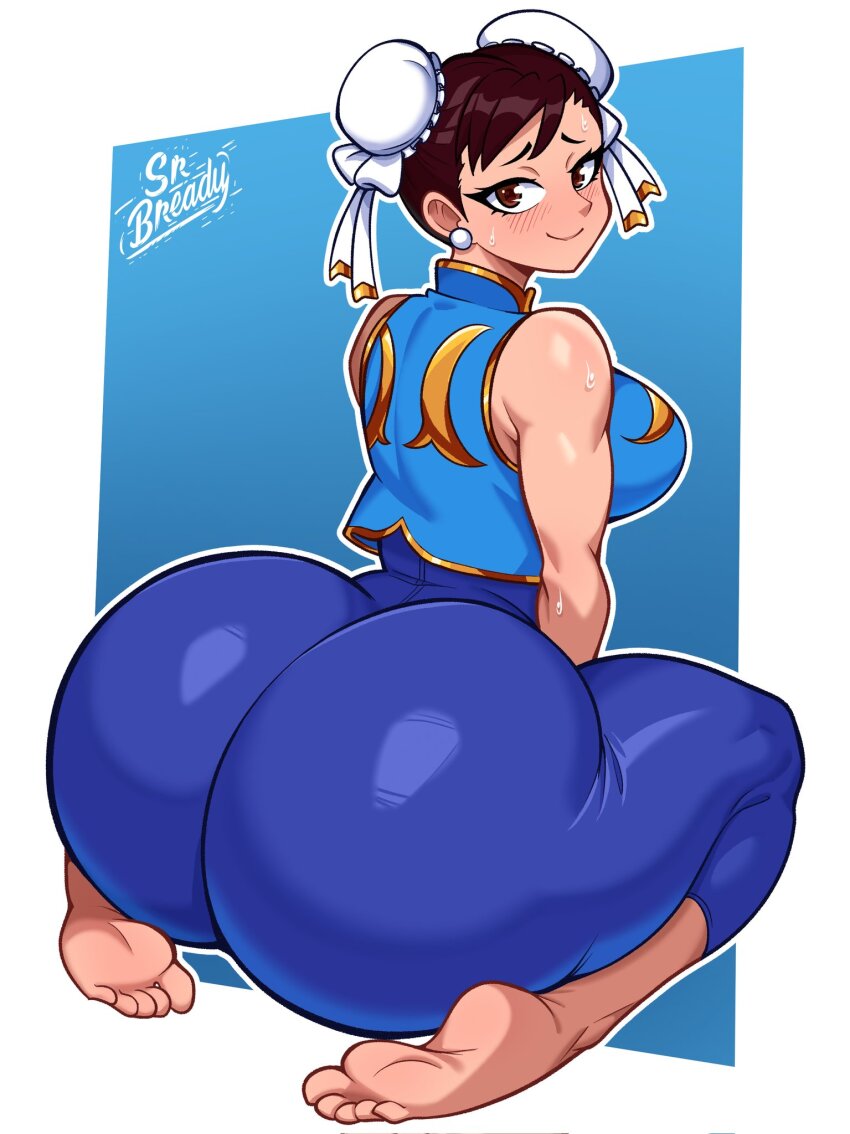 1girl artist_name ass ass_focus bare_shoulders barefoot blue_bodysuit blue_vest blush bodysuit breasts brown_eyes brown_hair capcom chun-li earrings feet gold_trim hair_bun highres huge_ass jewelry large_breasts looking_back muscular muscular_female pants simple_background solo srbready street_fighter street_fighter_alpha sweat vest yoga_pants