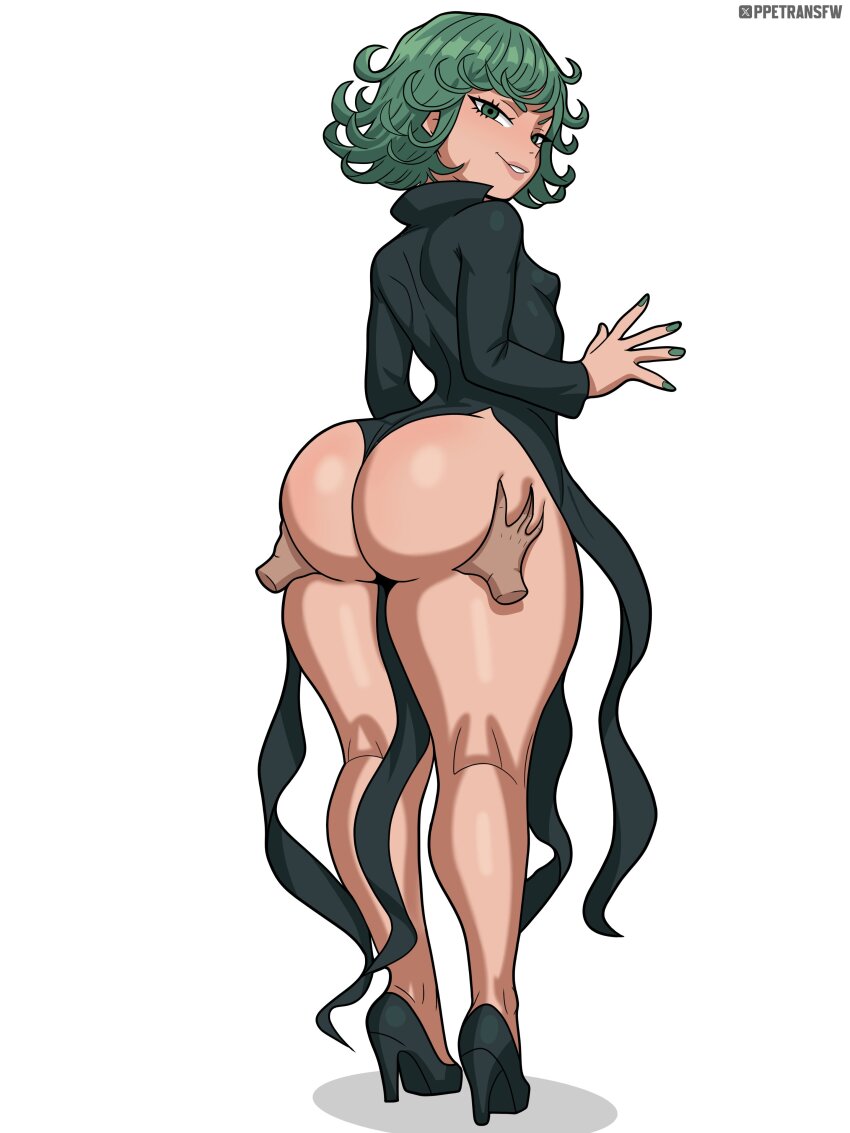 1girl absurdres artist_name ass bare_legs breasts collared_dress disembodied_hand dress female_focus from_behind full_body grabbing_another&#039;s_ass green_eyes green_hair groping high_heels highres huge_ass looking_at_viewer matching_hair/eyes nail_polish one-punch_man ppetransfw short_hair small_breasts solo tatsumaki thick_thighs thighs wide_hips