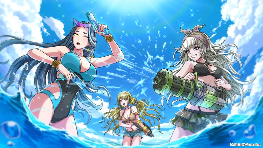 3girls absurdres arisugawa_saori artist_request bikini bikini_skirt black_bikini blonde_hair blue_hair blue_one-piece_swimsuit blue_shorts blush bracelet breasts cleavage cloud copyright_notice covered_navel denim denim_shorts earrings gold_bracelet green_skirt grey_eyes grey_hair grey_hairband hair_ornament hair_scrunchie hairband highres holding holding_water_gun jewelry large_breasts light_rays long_hair low_twintails medium_breasts mountainous_horizon multiple_girls ocean official_art one-piece_swimsuit one_eye_closed ooi_minami orange_bikini orange_eyes outdoors partially_submerged scrunchie shorts skirt sky small_sweatdrop smile swimsuit teeth tribe_nine twintails very_long_hair water_drop water_gun yellow_eyes yukigaya_enoki