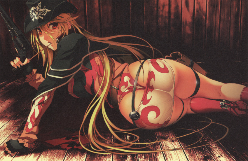 1girl ass belt blonde_hair boots donne_anonime female_focus gloves gun hat highres lipstick long_hair looking_back lying makeup nitroplus on_side red_eyes skull solo teeth thighs very_long_hair weapon zoku_satsuriku_no_django