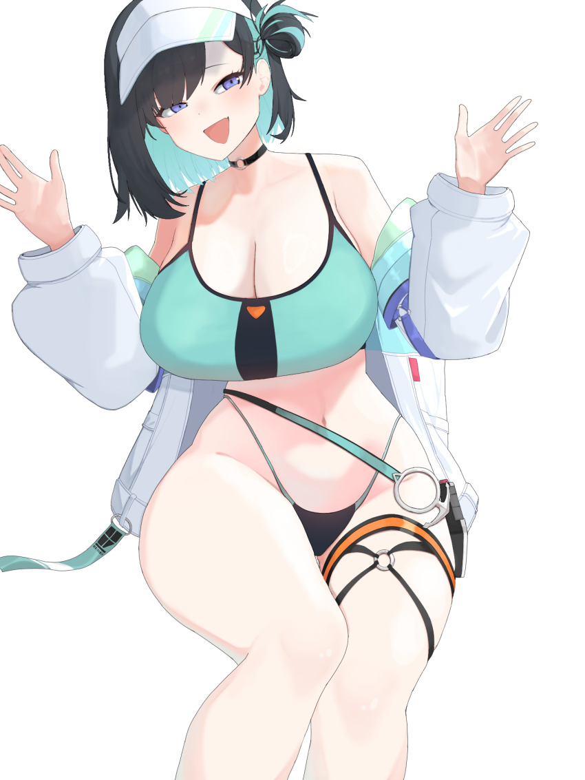 1girl aqua_bikini bikini black_choker black_survival breasts character_request choker eternal_return:_black_survival highres jacket large_breasts long_sleeves navel o-ring o-ring_choker solo sourgrapes swimsuit thigh_strap white_jacket