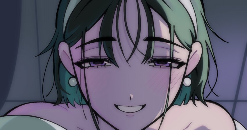 1girl alien_stage black_hair close-up commentary earrings hairband hashtag-only_commentary highres ivanbolvann jewelry purple_eyes short_hair smile solo sphere_earrings sua_(alien_stage) white_hairband