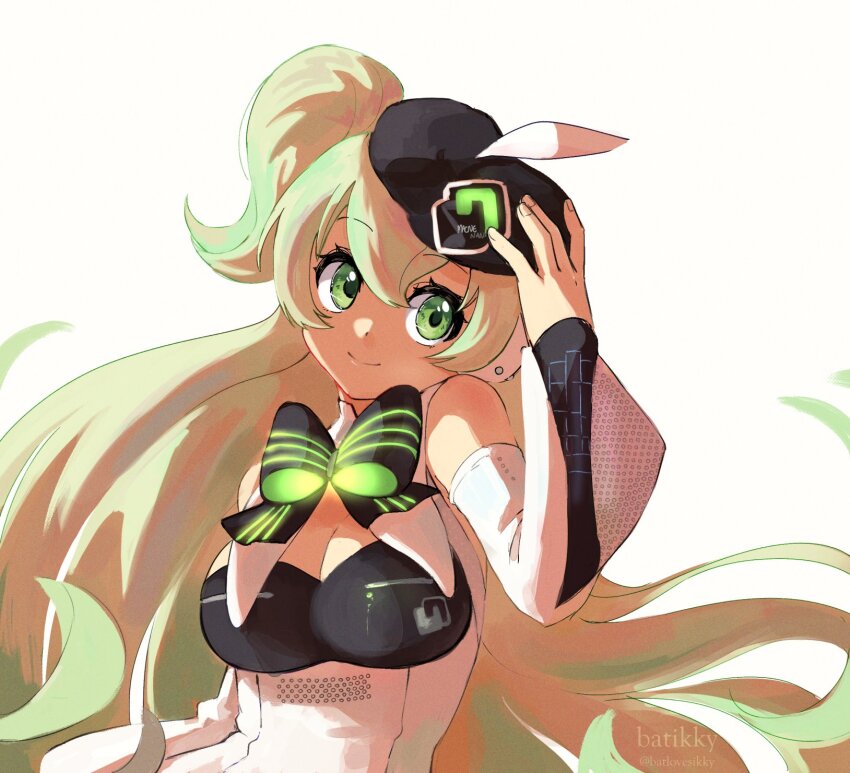 1girl \||/ adjusting_clothes adjusting_headwear arm_at_side bare_shoulders batikky black_bow black_bowtie black_hat bow bowtie breasts cleavage cleavage_cutout closed_mouth clothing_cutout commentary detached_sleeves double-parted_bangs fingernails green_bow green_bowtie green_eyes green_hair hair_between_eyes hand_up hat head_tilt highres large_breasts long_hair long_sleeves looking_at_viewer macne_nana macne_series one_side_up shirt sidelighting simple_background sleeveless sleeveless_shirt smile solo symbol-only_commentary twitter_username two-tone_bow two-tone_bowtie upper_body very_long_hair vocaloid white_background white_shirt white_sleeves