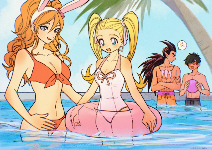 2boys 2girls anger_vein animal_ears antenna_hair ball bikini black_male_swimwear blonde_hair blue_eyes blue_sky bone_necklace breasts brown_hair cleavage commentary crossed_arms curly_hair day dragon_quest dragon_quest_builders_2 earrings fake_animal_ears female_builder_(dqb2) front-tie_bikini_top front-tie_top green_hair hair_pulled_back hair_ribbon hashtag-only_commentary heart heart-shaped_eyes high_ponytail highres holding holding_ball hoop_earrings innertube jewelry large_breasts long_hair looking_at_another looking_down low_ponytail male_swimwear medium_breasts mouyi multiple_boys multiple_girls muscular muscular_male navel necklace one-piece_swimsuit open_mouth orange_hair orange_male_swimwear palm_tree pero_(dqb2) pink_ribbon pointy_ears ponytail pool rabbit_ears red_bikini ribbon serge_(dqb2) short_hair sidoh_(dqb2) sky speech_bubble spiked_hair spoken_anger_vein swim_ring swim_trunks swimsuit symbol-only_commentary tooth_necklace topless_male tree twintails water white_one-piece_swimsuit