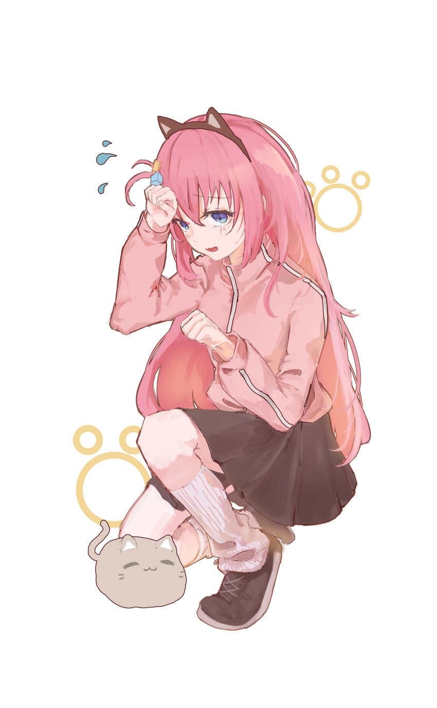 1girl absurdres animal_ear_hairband animal_ears black_hairband black_shirt black_shoes blue_eyes blush bocchi_the_rock! cat cat_ear_hairband cat_ears commentary cube_hair_ornament embarrassed fake_animal_ears flying_sweatdrops full_body gotoh_hitori hair_between_eyes hair_ornament hairband highres jacket long_hair looking_at_viewer loose_socks mienpp miniskirt one_side_up paw_pose pink_hair pink_jacket pleated_skirt shirt shoes simple_background skirt sneakers socks solo squatting track_jacket white_background white_socks